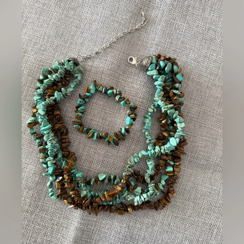 Turquoise & Tiger’s Eye Chip Bead Multi-Strand Necklace & Bracelet | Boho